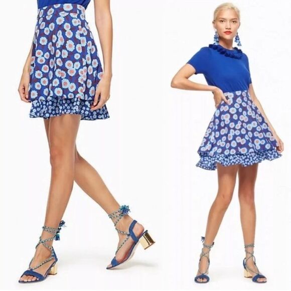 Kate Spade Tangier Floral Double Layer 100% Silk Mini Skirt Blue 8 - Picture 1 of 9